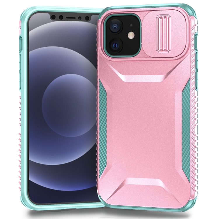 

For iPhone 12 Sliding Camshield Phone Case(Pink + Grey Green)