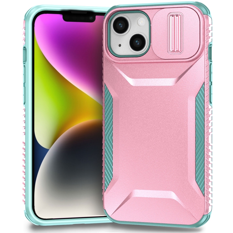 

For iPhone 14 / 13 Sliding Camshield Phone Case(Pink + Grey Green)