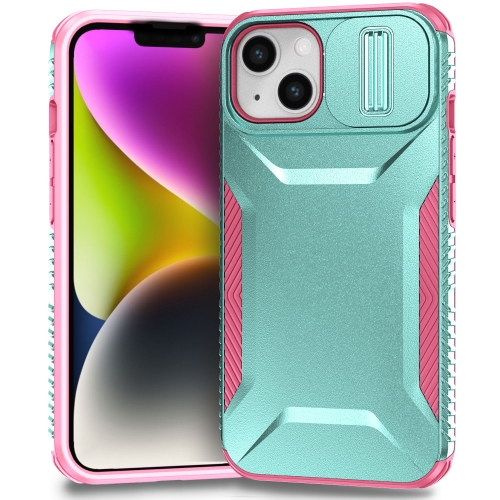 

For iPhone 14 / 13 Sliding Camshield Phone Case(Grey Green + Pink)