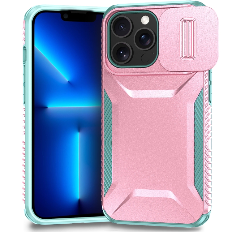 

For iPhone 13 Pro Sliding Camshield Phone Case(Pink + Grey Green)