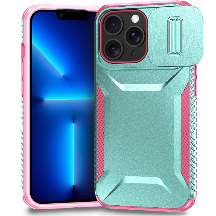 

For iPhone 13 Pro Max Sliding Camshield Phone Case(Grey Green + Pink)