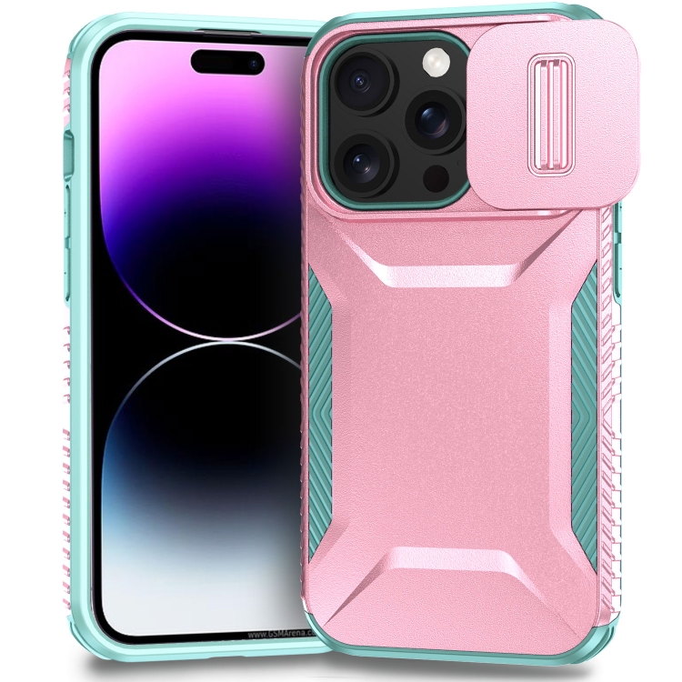 

For iPhone 14 Pro Sliding Camshield Phone Case(Pink + Grey Green)