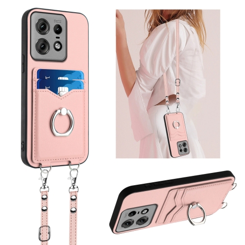 

For Motorola Edge 50 Pro EU Edition R20 Crossbody Rope Ring Card Holder Phone Case(Pink)