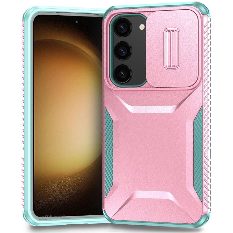 

For Samsung Galaxy S23+ 5G Sliding Camshield Phone Case(Pink + Grey Green)