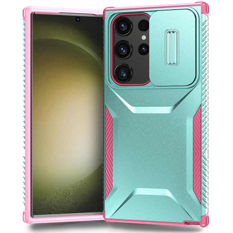 

For Samsung Galaxy S23 Ultra 5G Sliding Camshield Phone Case(Grey Green + Pink)