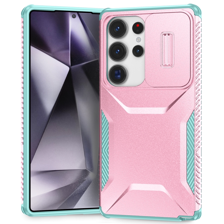 

For Samsung Galaxy S25 Ultra 5G Sliding Camshield Phone Case(Pink + Grey Green)