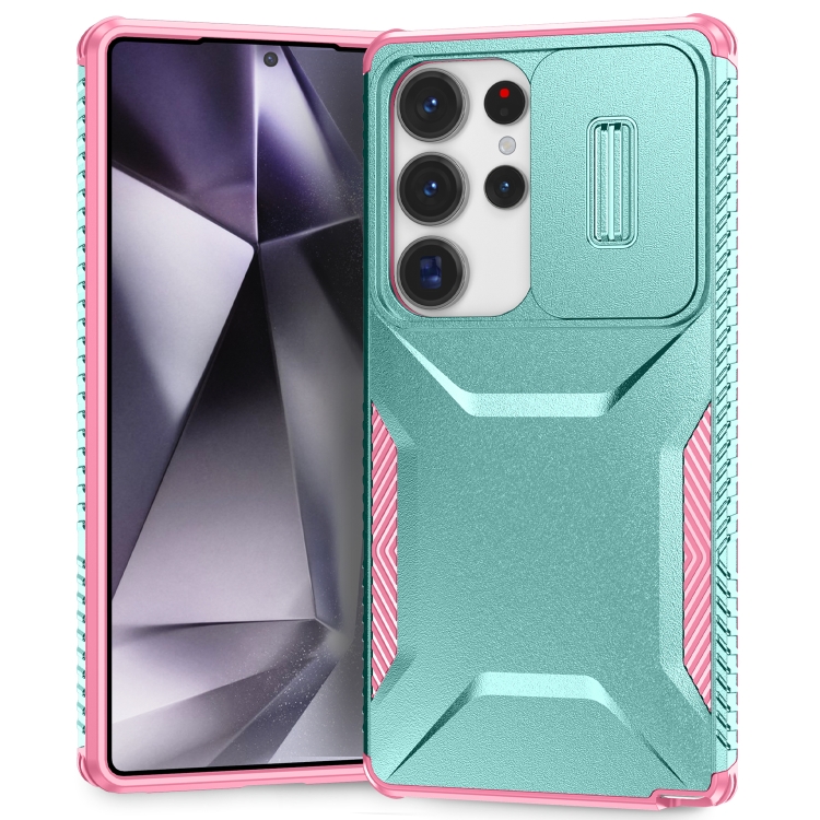 

For Samsung Galaxy S25 Ultra 5G Sliding Camshield Phone Case(Grey Green + Pink)