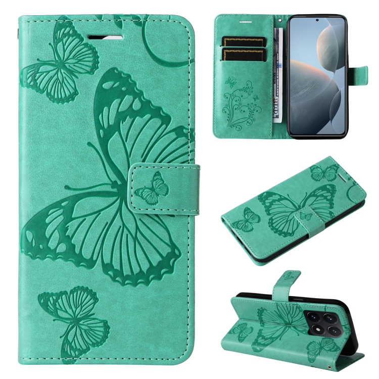 

For Xiaomi 14T 3D Butterfly Embossed Pattern Flip Leather Phone Case(Green)