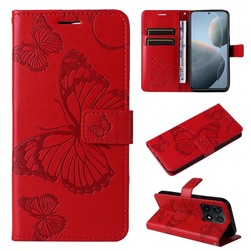 

For Xiaomi 14T 3D Butterfly Embossed Pattern Flip Leather Phone Case(Red)