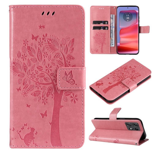 

For Motorola Edge 50 Pro Tree & Cat Embossed Pattern Flip Leather Phone Case(Pink)