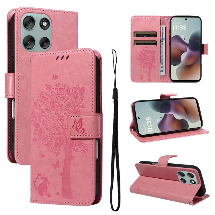 

For Motorola Moto G56 5G Tree & Cat Embossed Pattern Flip Leather Phone Case(Pink)