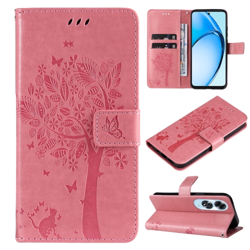 

For OPPO A60 4G Global Tree & Cat Embossed Pattern Flip Leather Phone Case(Pink)