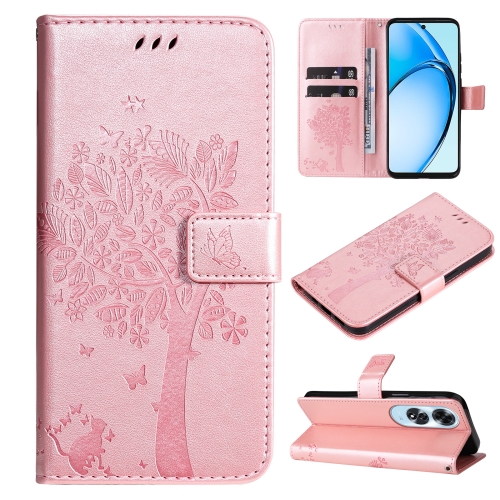 

For OPPO A60 4G Global Tree & Cat Embossed Pattern Flip Leather Phone Case(Rose Gold)