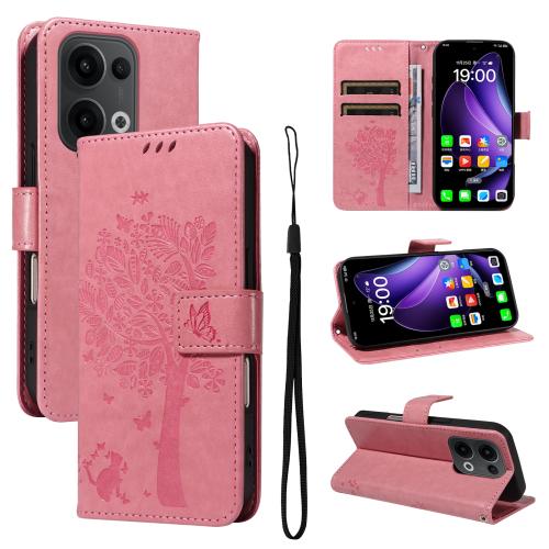 

For OPPO Reno13 5G Global Tree & Cat Embossed Pattern Flip Leather Phone Case(Pink)