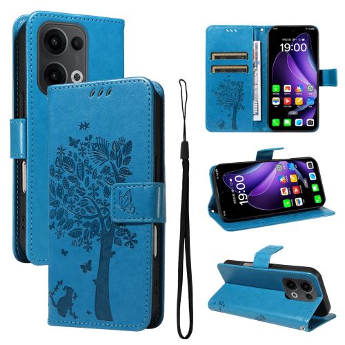 

For OPPO Reno13 5G Global Tree & Cat Embossed Pattern Flip Leather Phone Case(Blue)