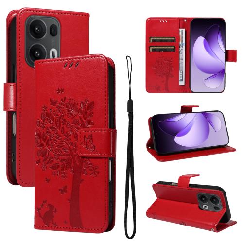 

For OPPO Reno13 Pro 5G Global Tree & Cat Embossed Pattern Flip Leather Phone Case(Red)