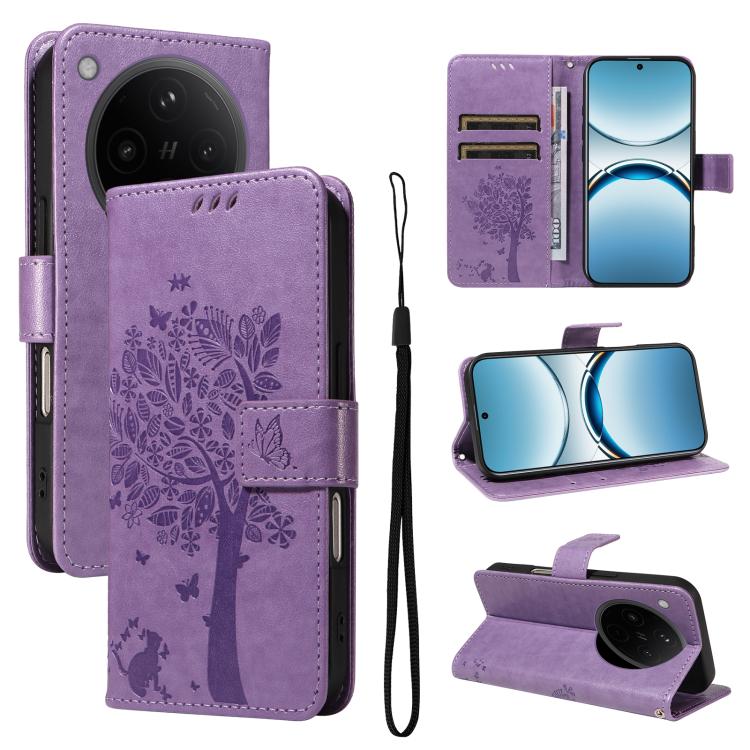 

For OPPO Find X8 Global Tree & Cat Embossed Pattern Flip Leather Phone Case(Light Purple)