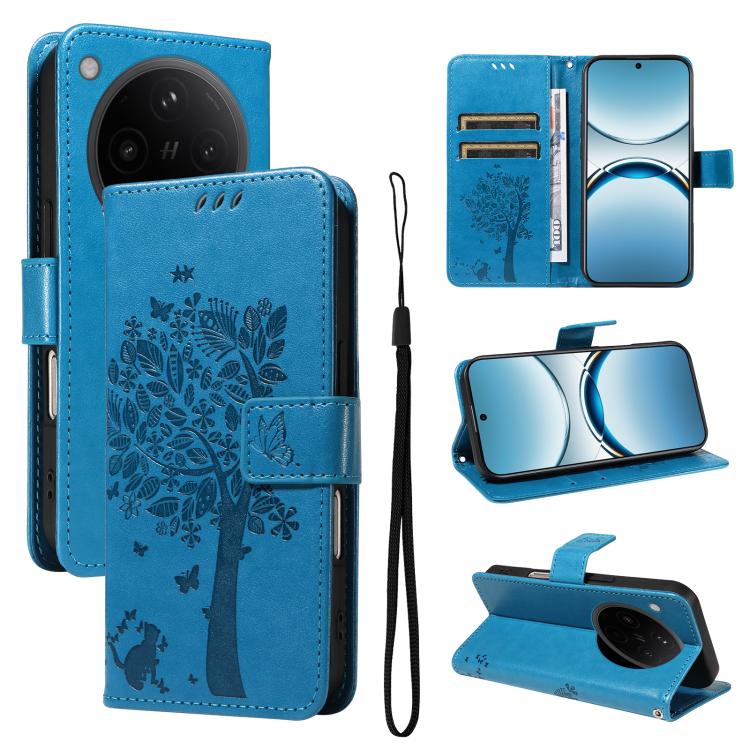 

For OPPO Find X8 Global Tree & Cat Embossed Pattern Flip Leather Phone Case(Blue)
