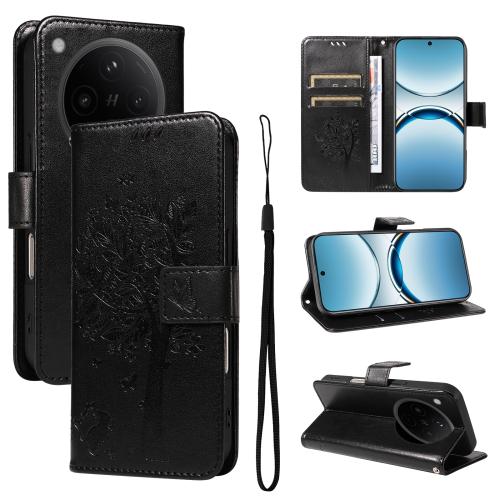 

For OPPO Find X8 Global Tree & Cat Embossed Pattern Flip Leather Phone Case(Black)