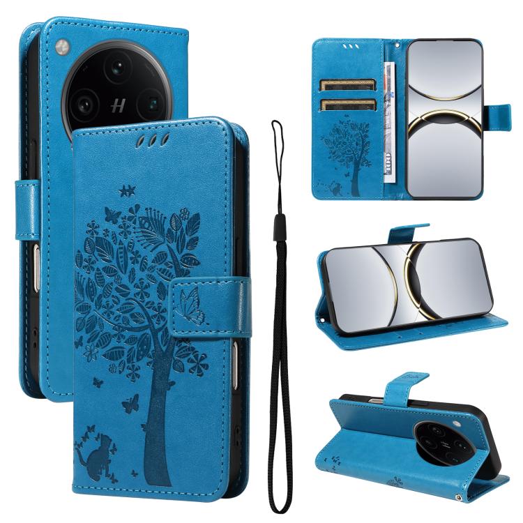 

For OPPO Find X8 Pro Global Tree & Cat Embossed Pattern Flip Leather Phone Case(Blue)