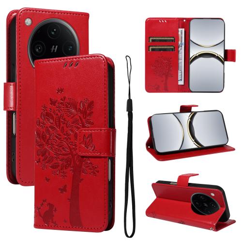 

For OPPO Find X8 Pro Global Tree & Cat Embossed Pattern Flip Leather Phone Case(Red)