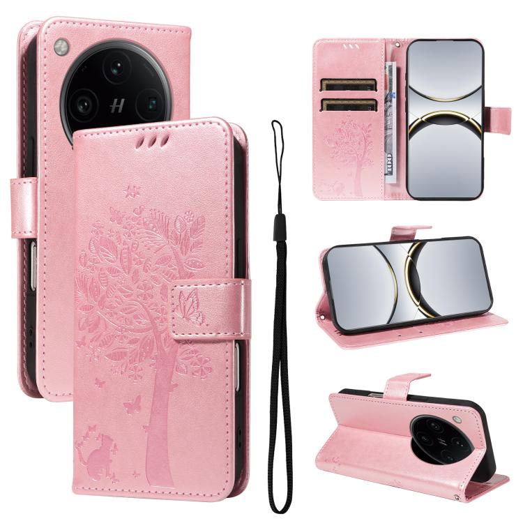 

For OPPO Find X8 Pro Global Tree & Cat Embossed Pattern Flip Leather Phone Case(Rose Gold)