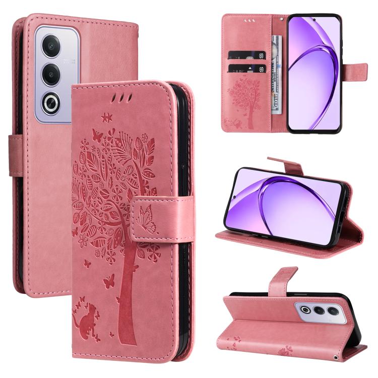 

For OPPO K12X 5G Global Tree & Cat Embossed Pattern Flip Leather Phone Case(Pink)