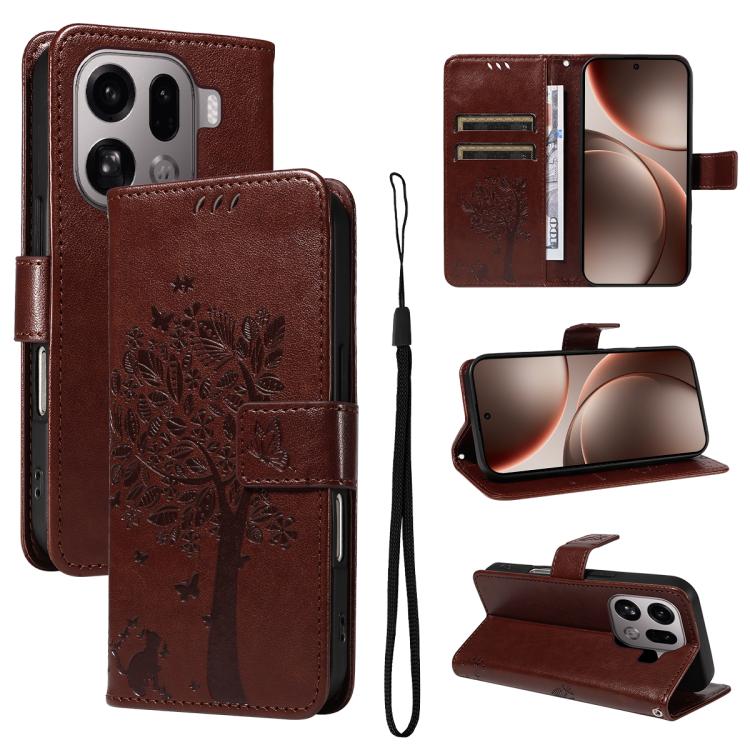 

For OPPO Find X9 Pro Tree & Cat Embossed Pattern Flip Leather Phone Case(Coffee)