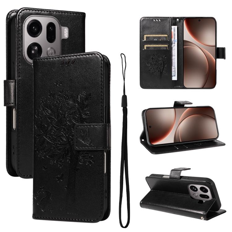 

For OPPO Find X9 Pro Tree & Cat Embossed Pattern Flip Leather Phone Case(Black)