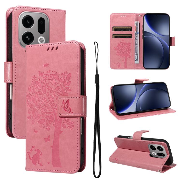 

For OPPO Find X9 Tree & Cat Embossed Pattern Flip Leather Phone Case(Pink)