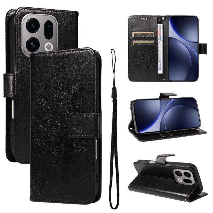

For OPPO Find X9 Tree & Cat Embossed Pattern Flip Leather Phone Case(Black)