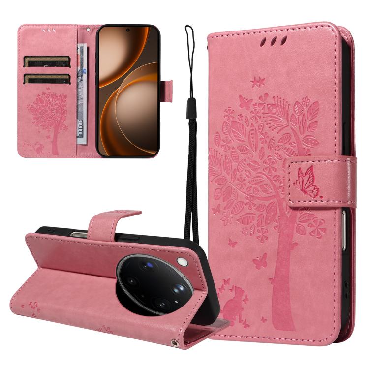 

For OPPO Find X9 Ultra 5G Tree & Cat Embossed Pattern Flip Leather Phone Case(Pink)