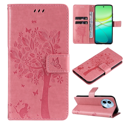 

For vivo Y38 / Y200i / T3x Global Tree & Cat Embossed Pattern Flip Leather Phone Case(Pink)