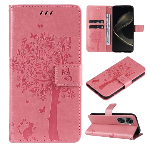 

For Huawei nova 12 SE / nova 11 SE Tree & Cat Embossed Pattern Flip Leather Phone Case(Pink)