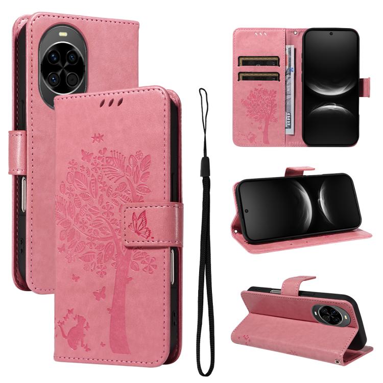 

For Huawei nova 14 5G / 14 Lite 5G Tree & Cat Embossed Pattern Flip Leather Phone Case(Pink)