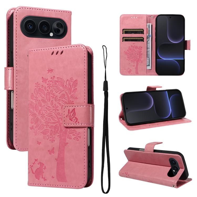 

For Honor 500 Global/500 Pro Global 155.8 Tree & Cat Embossed Pattern Flip Leather Phone Case(Pink)