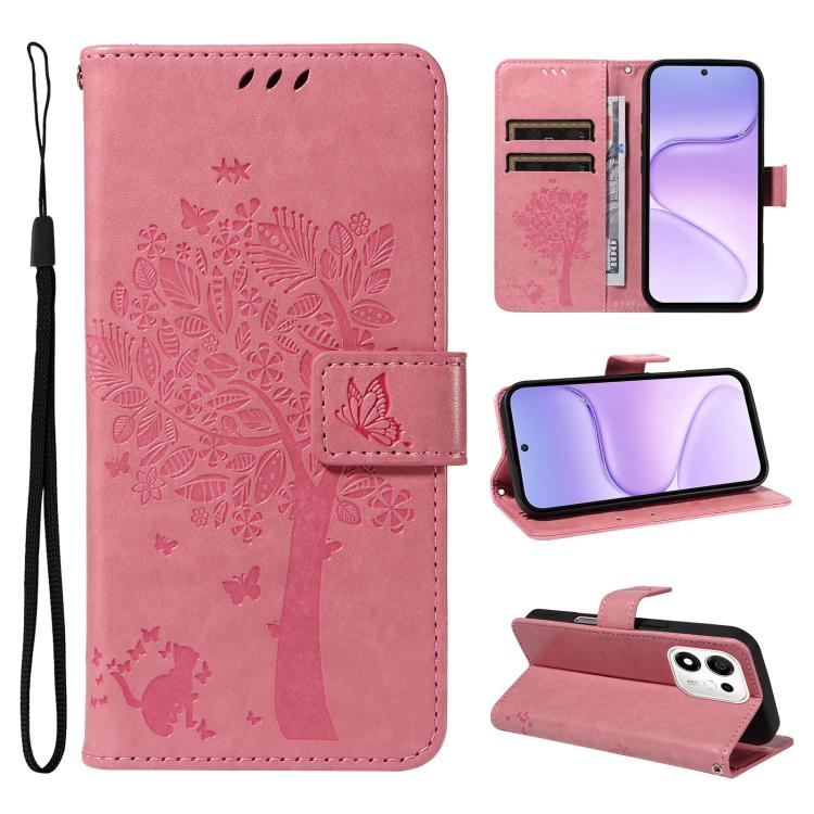 For Honor 600 Smart 5G Tree & Cat Embossed Pattern Flip Leather Phone Case(Pink)