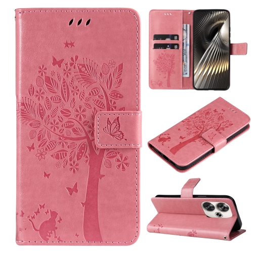 

For Xiaomi Poco F6 Tree & Cat Embossed Pattern Flip Leather Phone Case(Pink)