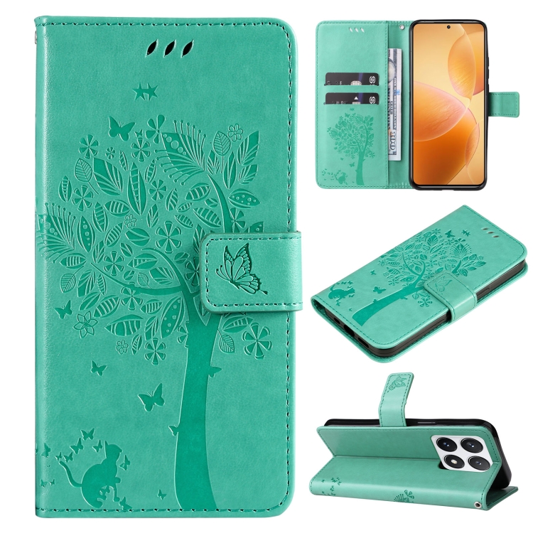 

For Xiaomi 14T Pro Tree & Cat Embossed Pattern Flip Leather Phone Case(Green)