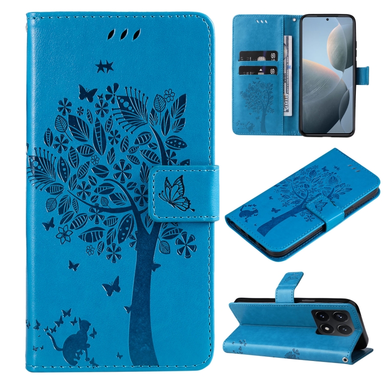 

For Xiaomi 14T Tree & Cat Embossed Pattern Flip Leather Phone Case(Blue)