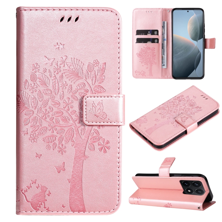 

For Xiaomi 14T Tree & Cat Embossed Pattern Flip Leather Phone Case(Rose Gold)