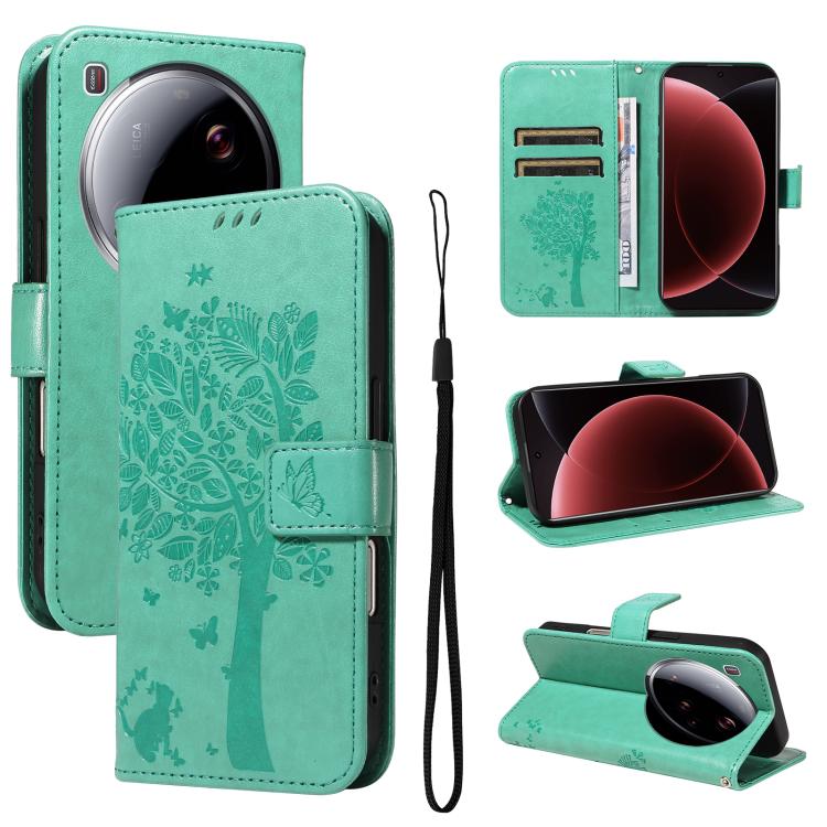 

For Xiaomi 15 Ultra 5G Global Tree & Cat Embossed Pattern Flip Leather Phone Case(Green)