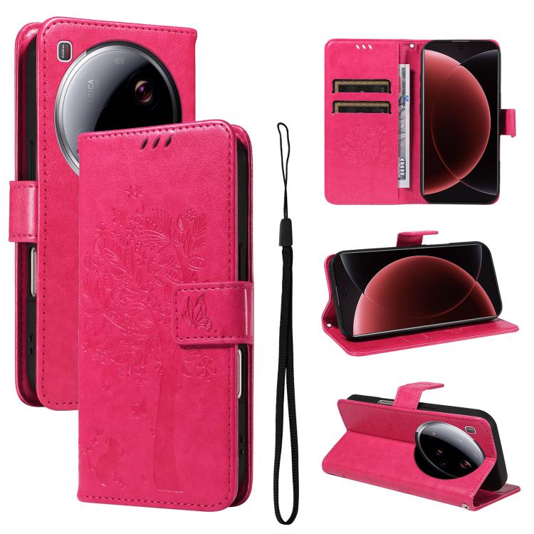 

For Xiaomi 15 Ultra 5G Global Tree & Cat Embossed Pattern Flip Leather Phone Case(Rose Red)