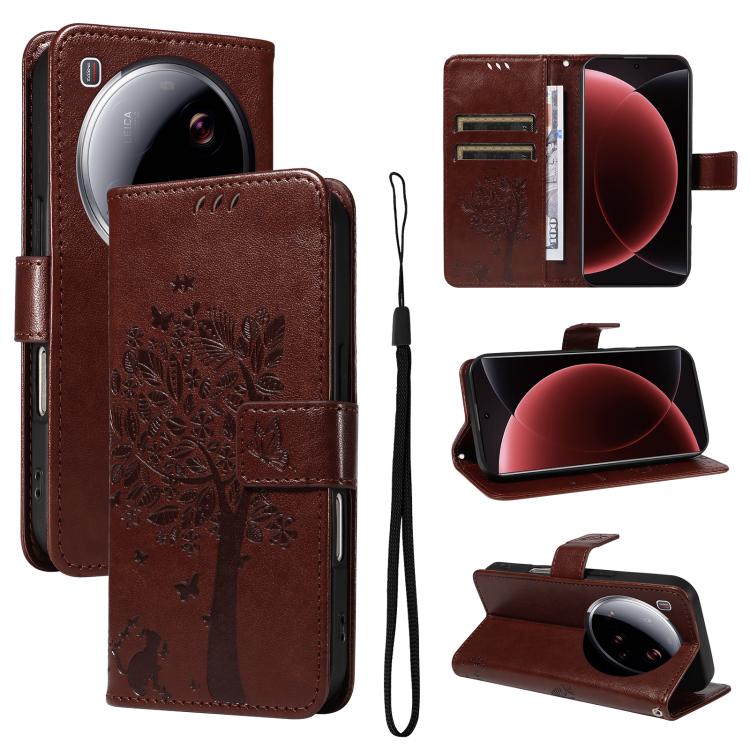 

For Xiaomi 15 Ultra 5G Global Tree & Cat Embossed Pattern Flip Leather Phone Case(Coffee)