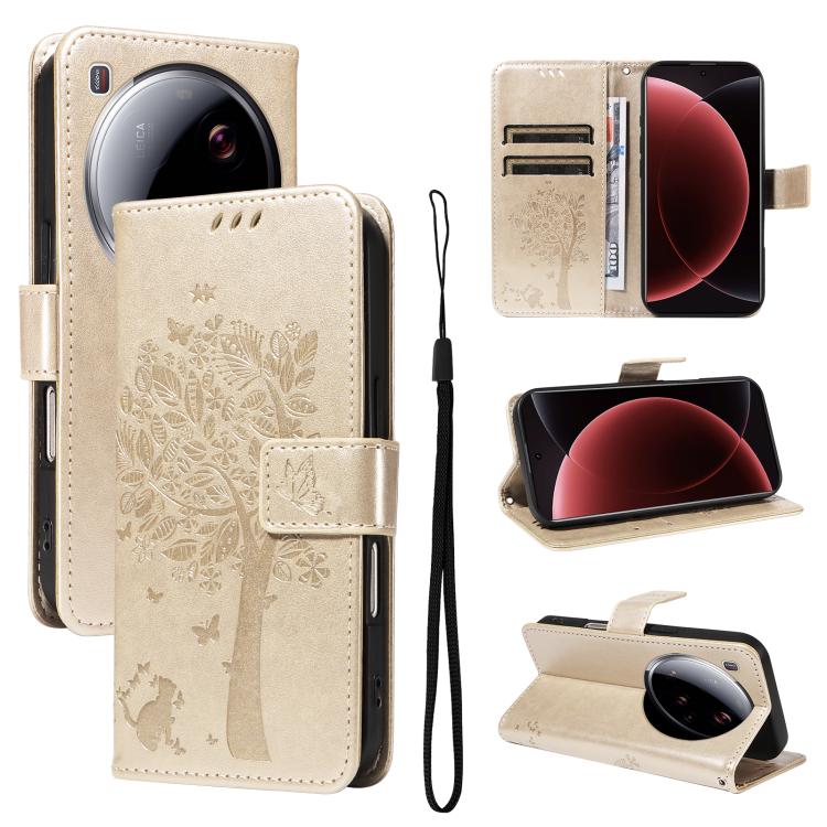 

For Xiaomi 15 Ultra 5G Global Tree & Cat Embossed Pattern Flip Leather Phone Case(Gold)