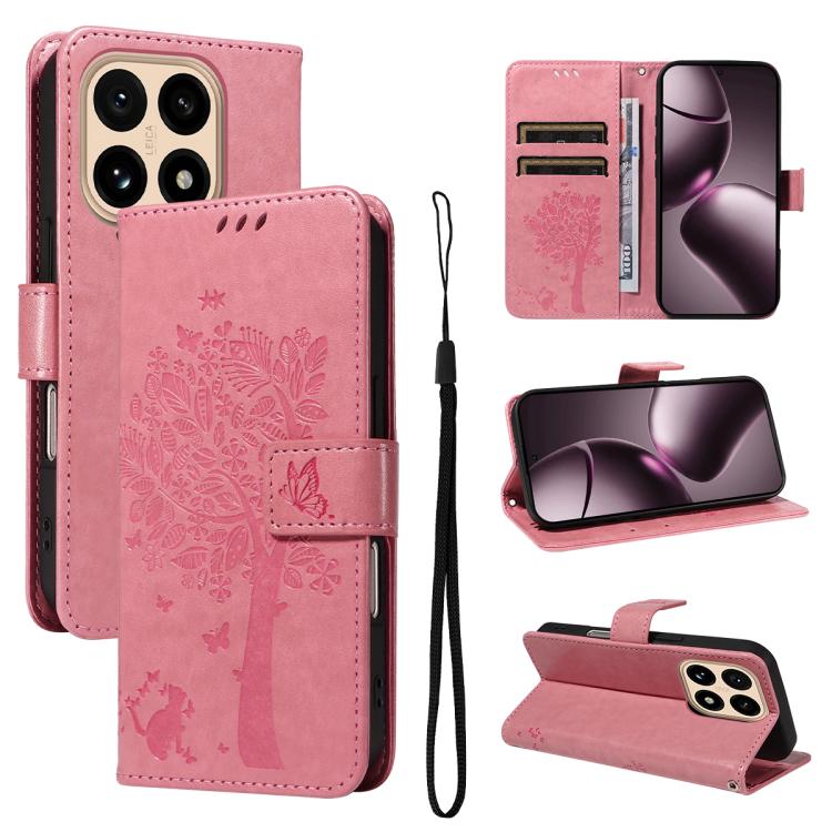

For Xiaomi 15T 5G Tree & Cat Embossed Pattern Flip Leather Phone Case(Pink)