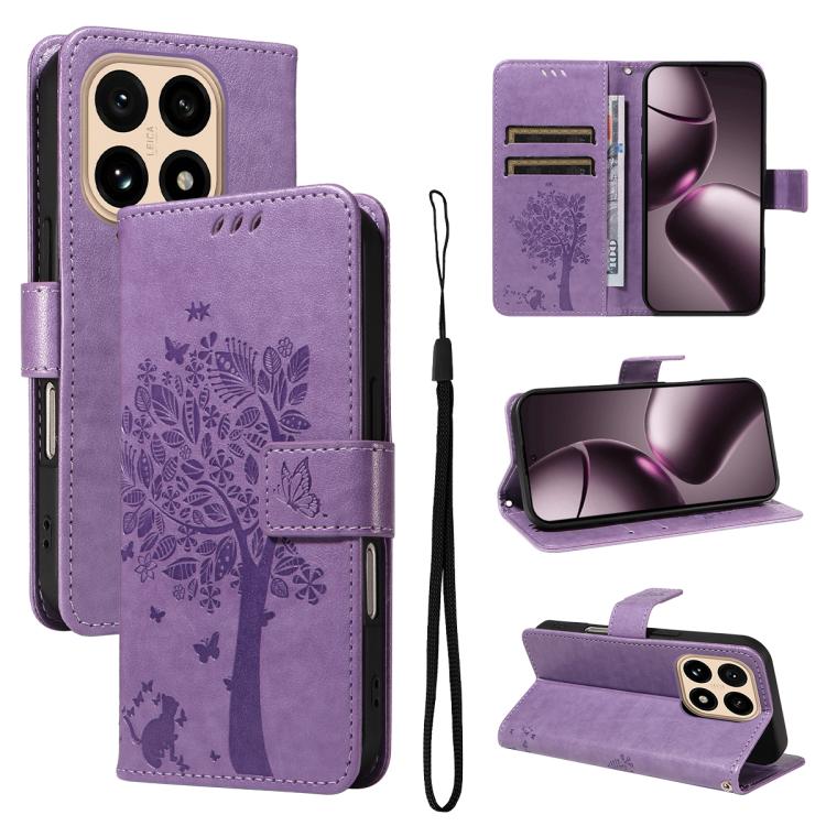 

For Xiaomi 15T 5G Tree & Cat Embossed Pattern Flip Leather Phone Case(Light Purple)