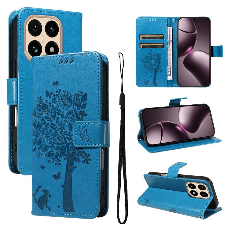 

For Xiaomi 15T 5G Tree & Cat Embossed Pattern Flip Leather Phone Case(Blue)