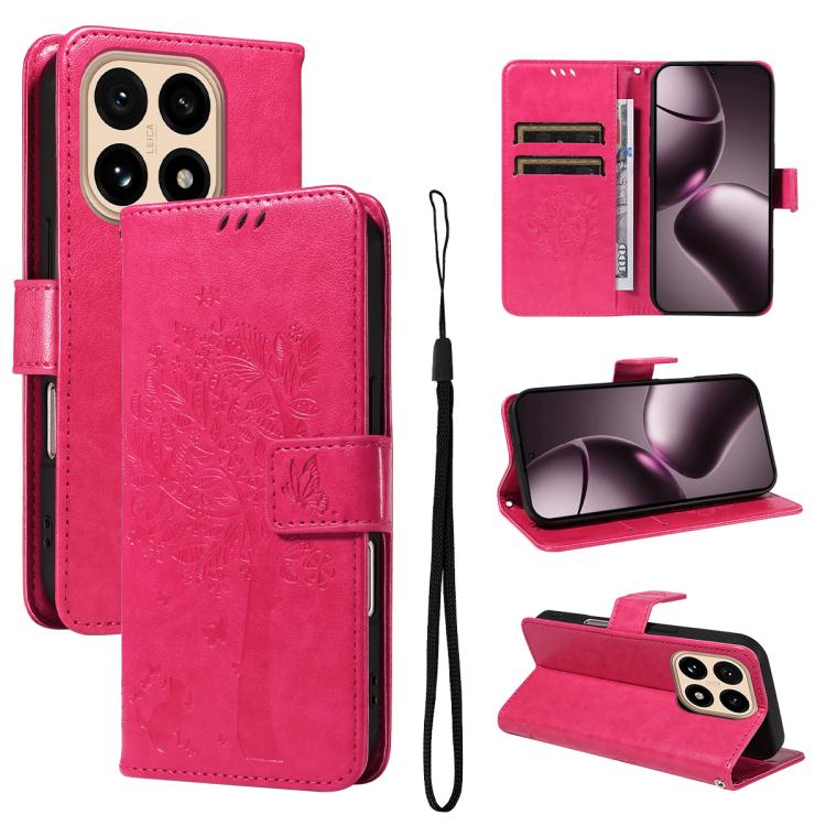 

For Xiaomi 15T 5G Tree & Cat Embossed Pattern Flip Leather Phone Case(Rose Red)