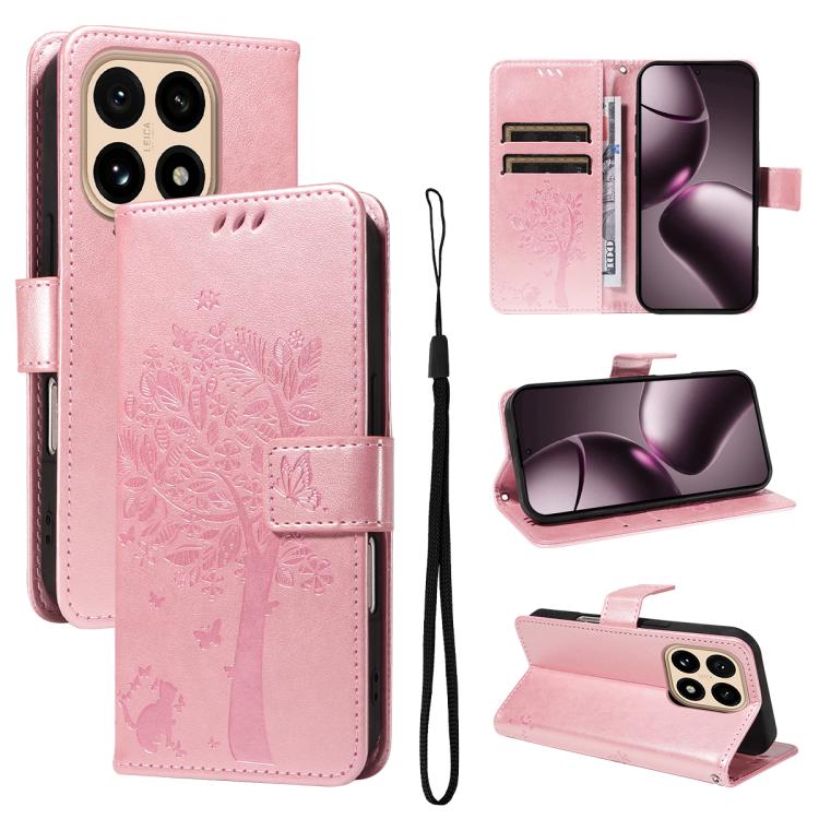 

For Xiaomi 15T 5G Tree & Cat Embossed Pattern Flip Leather Phone Case(Rose Gold)